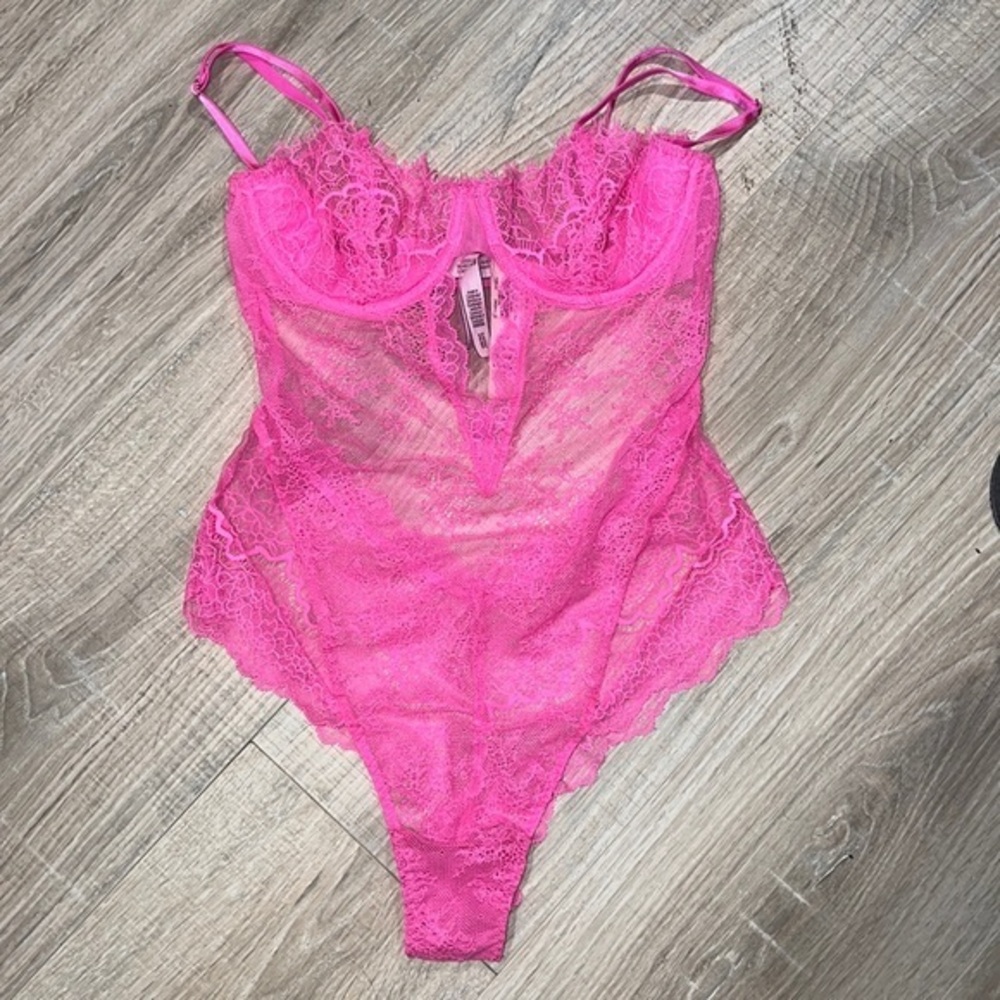 Victoria’s Secret neon pink lacy body suit NWT‎